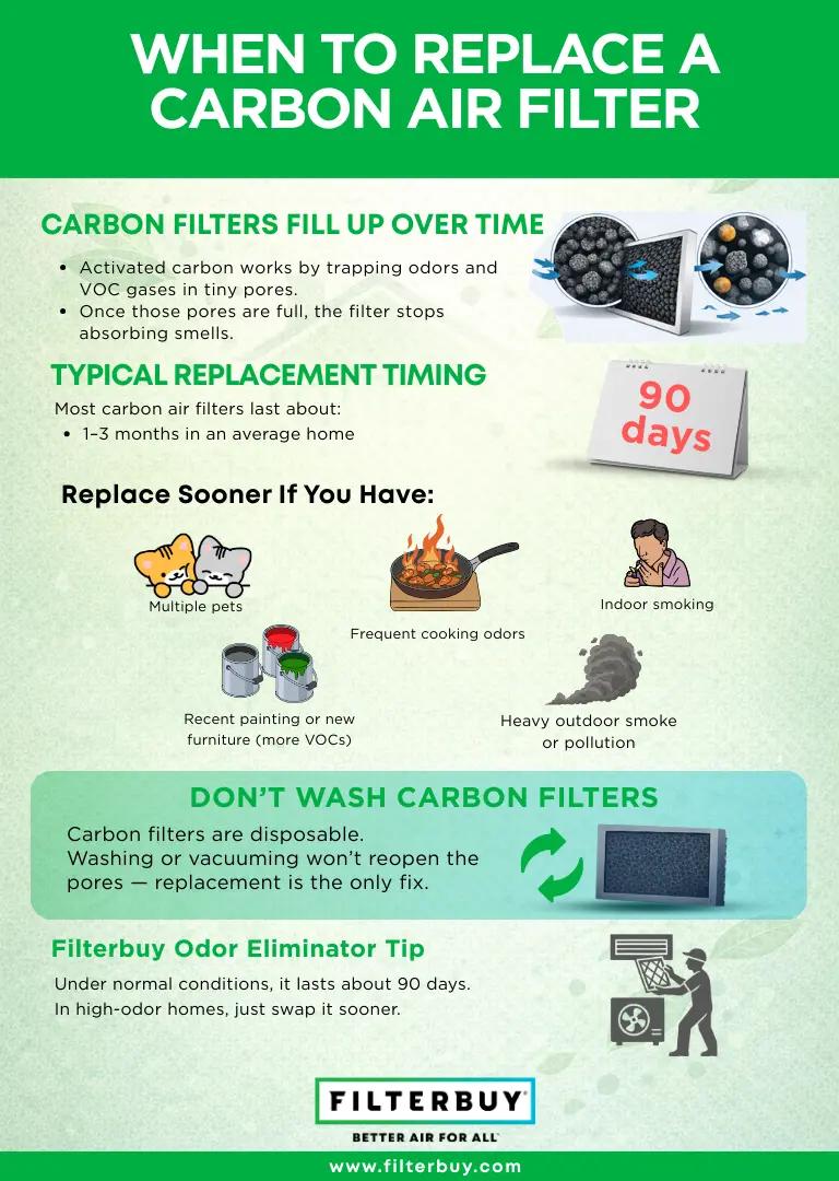 Infographic showing when to replace a carbon air filter including 1 to 3 month lifespan signs of odor return and heavy VOC exposure.
